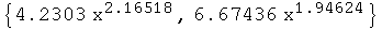 RowBox[{{, RowBox[{RowBox[{4.2303,  , RowBox[{x, ^, 2.16518}]}], ,, RowBox[{6.67436,  , RowBox[{x, ^, 1.94624}]}]}], }}]