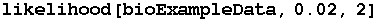 RowBox[{likelihood, [, RowBox[{bioExampleData, ,, 0.02, ,, 2}], ]}]