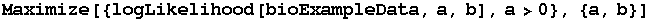 Maximize[{logLikelihood[bioExampleData, a, b], a>0}, {a, b}]