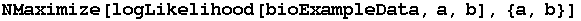 NMaximize[logLikelihood[bioExampleData, a, b], {a, b}]