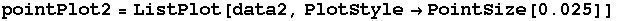 RowBox[{pointPlot2, =, RowBox[{ListPlot, [, RowBox[{data2, ,, RowBox[{PlotStyle, , RowBox[{PointSize, [, 0.025, ]}]}]}], ]}]}]