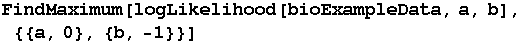 FindMaximum[logLikelihood[bioExampleData, a, b], {{a, 0}, {b, -1}}]