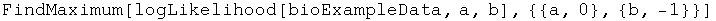 FindMaximum[logLikelihood[bioExampleData, a, b], {{a, 0}, {b, -1}}]