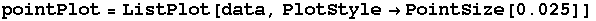 RowBox[{pointPlot, =, RowBox[{ListPlot, [, RowBox[{data, ,, RowBox[{PlotStyle, , RowBox[{PointSize, [, 0.025, ]}]}]}], ]}]}]