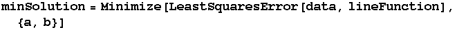 minSolution = Minimize[LeastSquaresError[data, lineFunction], {a, b}]