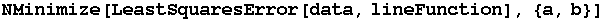 NMinimize[LeastSquaresError[data, lineFunction], {a, b}]