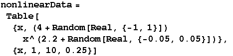 RowBox[{nonlinearData, =, RowBox[{Table, [, RowBox[{RowBox[{{, RowBox[{x, ,, RowBox[{(4 + Rand ... }], ]}]}], )}]}]}]}], }}], ,, , RowBox[{{, RowBox[{x, ,, 1, ,, 10, ,, 0.25}], }}]}], ]}]}]