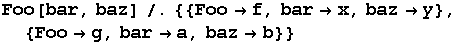 Foo[bar, baz]/.{{Foof, barx, bazy},  {Foog, bara, bazb}}