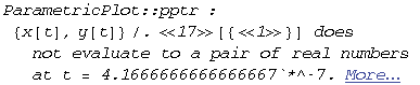 ParametricPlot :: pptr : {x[t], y[t]}/.17[{1}] does not evaluate to a pair of real numbers at t = 4.1666666666666667`*^-7.  More…