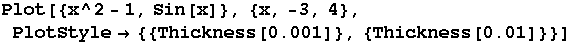 Plot[{x^2 - 1, Sin[x]}, {x, -3, 4}, PlotStyle {{Thickness[0.001]}, {Thickness[0.01]}}]