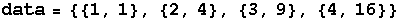 data = {{1, 1}, {2, 4}, {3, 9}, {4, 16}}
